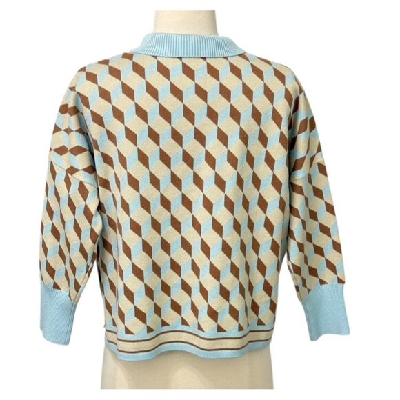 Tuckernuck Clayton Knit Polo Top Light Blue Tan Retro Boxy 3/4 Sleeve Size XS/S - Picture 4 of 8